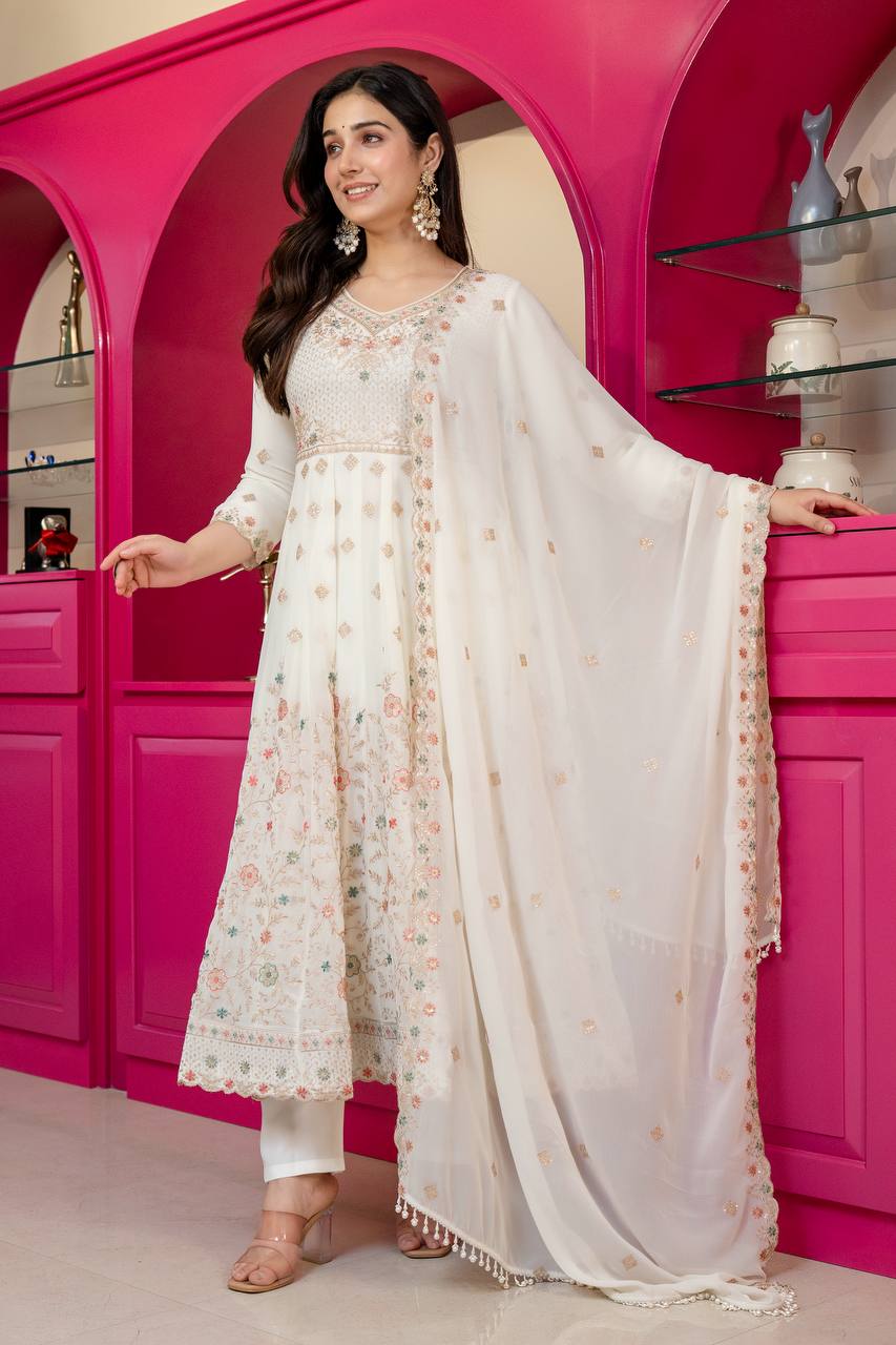 Women's Off-White Faux Blooming Anarkali Suit with Heavy Sequins & Zari Embroidery