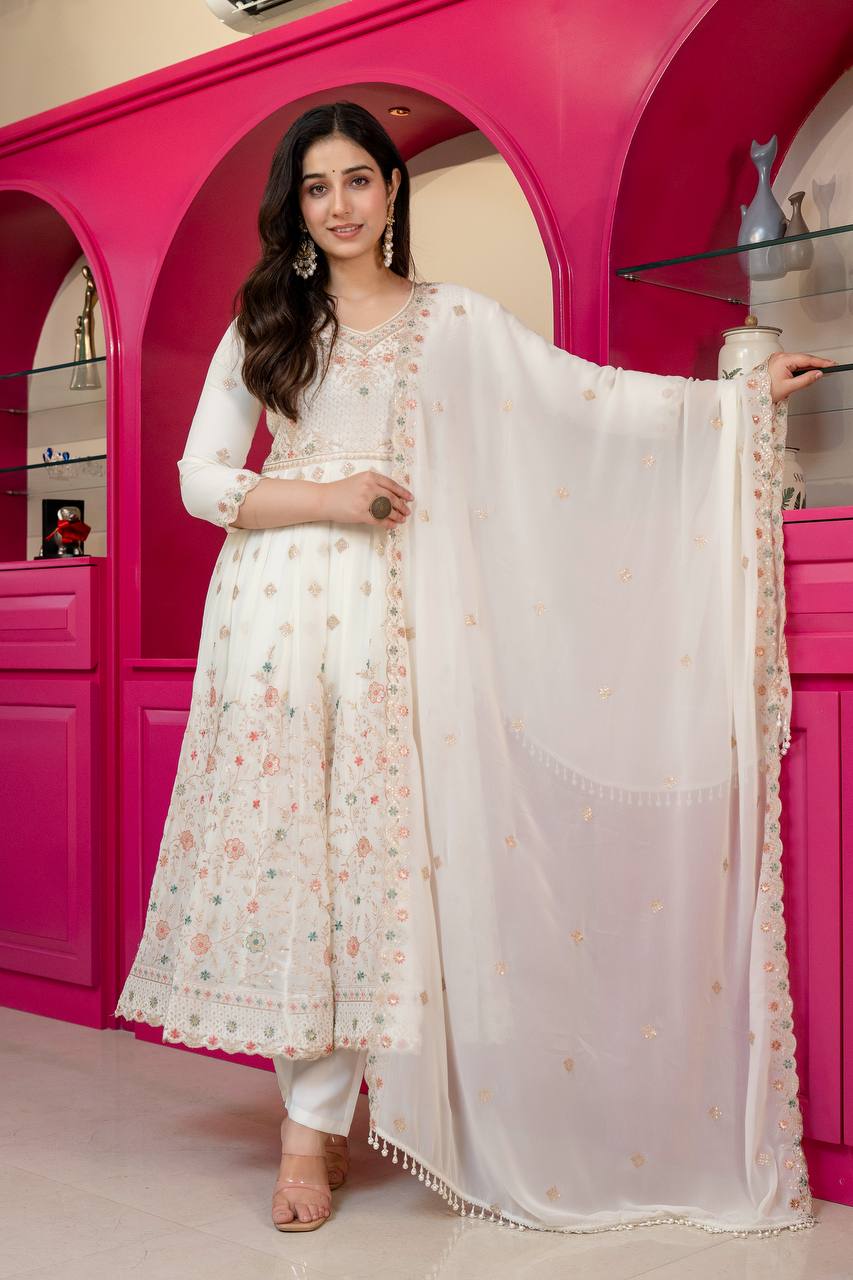 Women's Off-White Faux Blooming Anarkali Suit with Heavy Sequins & Zari Embroidery