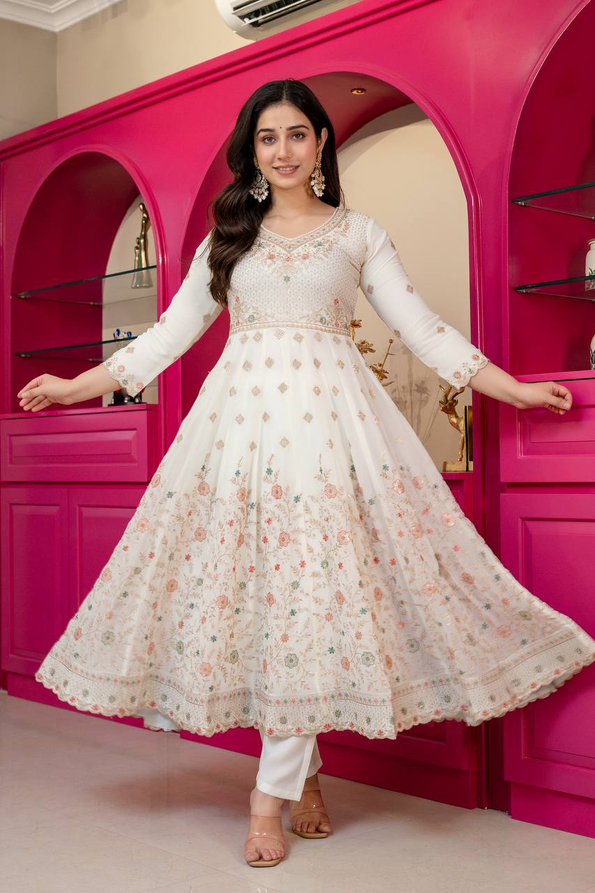 Women's Off-White Faux Blooming Anarkali Suit with Heavy Sequins & Zari Embroidery
