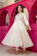 Women's Off-White Faux Blooming Anarkali Suit with Heavy Sequins & Zari Embroidery