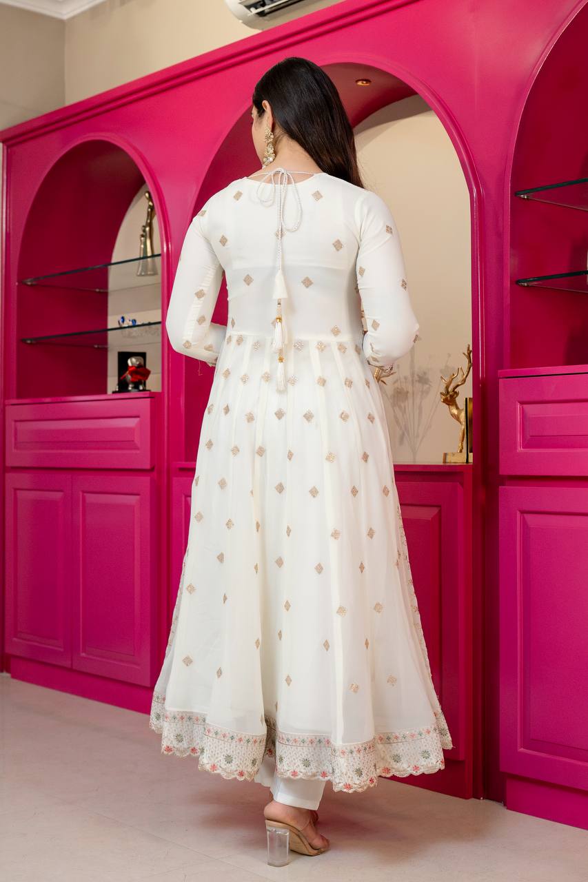 Women's Off-White Faux Blooming Anarkali Suit with Heavy Sequins & Zari Embroidery
