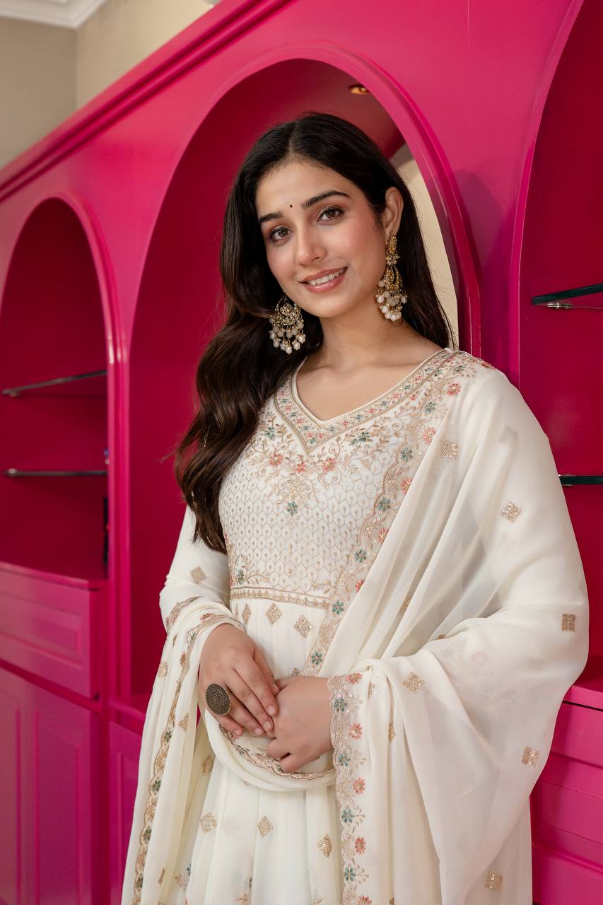 Women's Off-White Faux Blooming Anarkali Suit with Heavy Sequins & Zari Embroidery