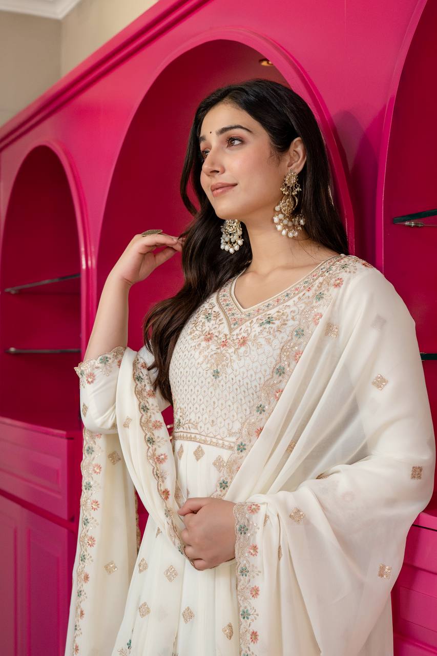 Women's Off-White Faux Blooming Anarkali Suit with Heavy Sequins & Zari Embroidery