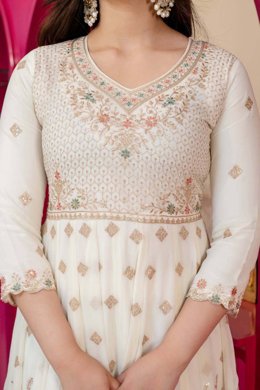 Women's Off-White Faux Blooming Anarkali Suit with Heavy Sequins & Zari Embroidery