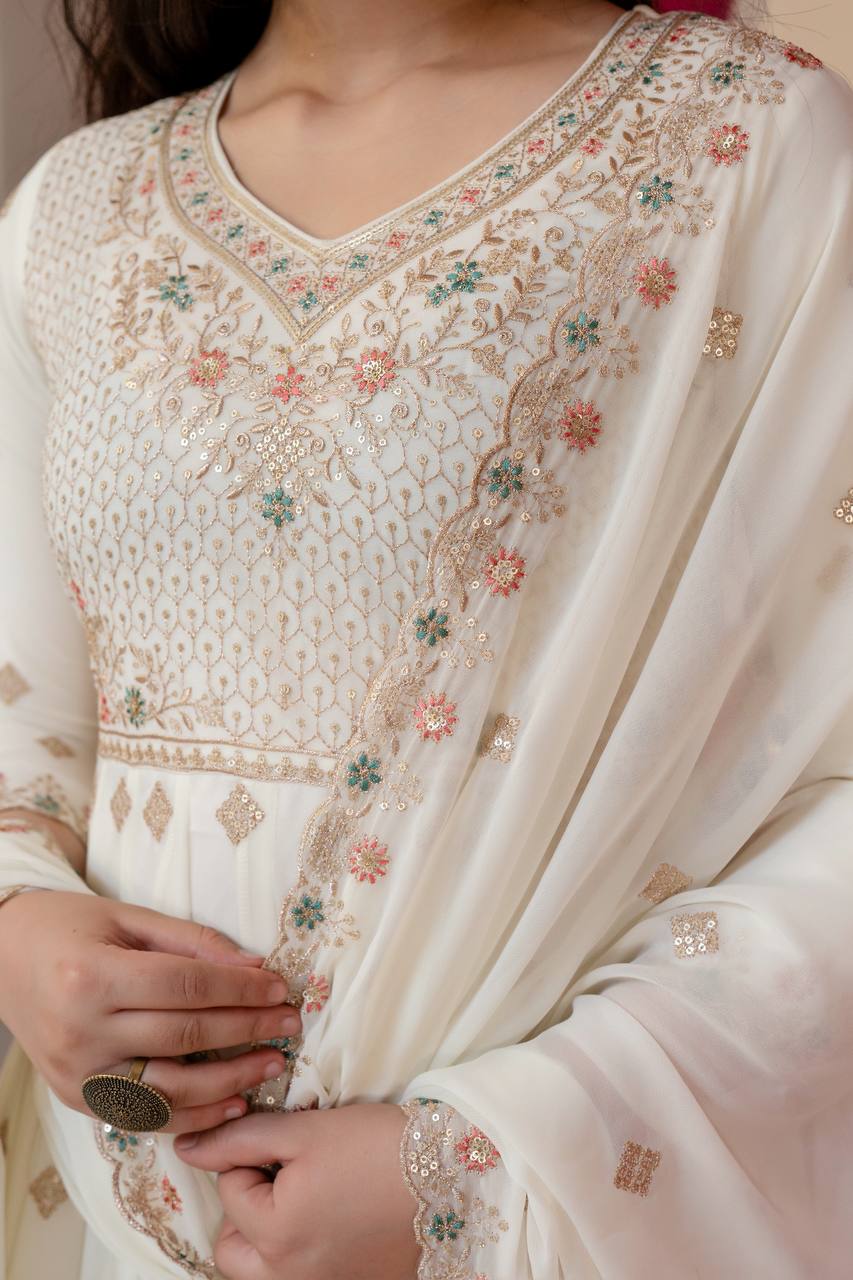 Women's Off-White Faux Blooming Anarkali Suit with Heavy Sequins & Zari Embroidery