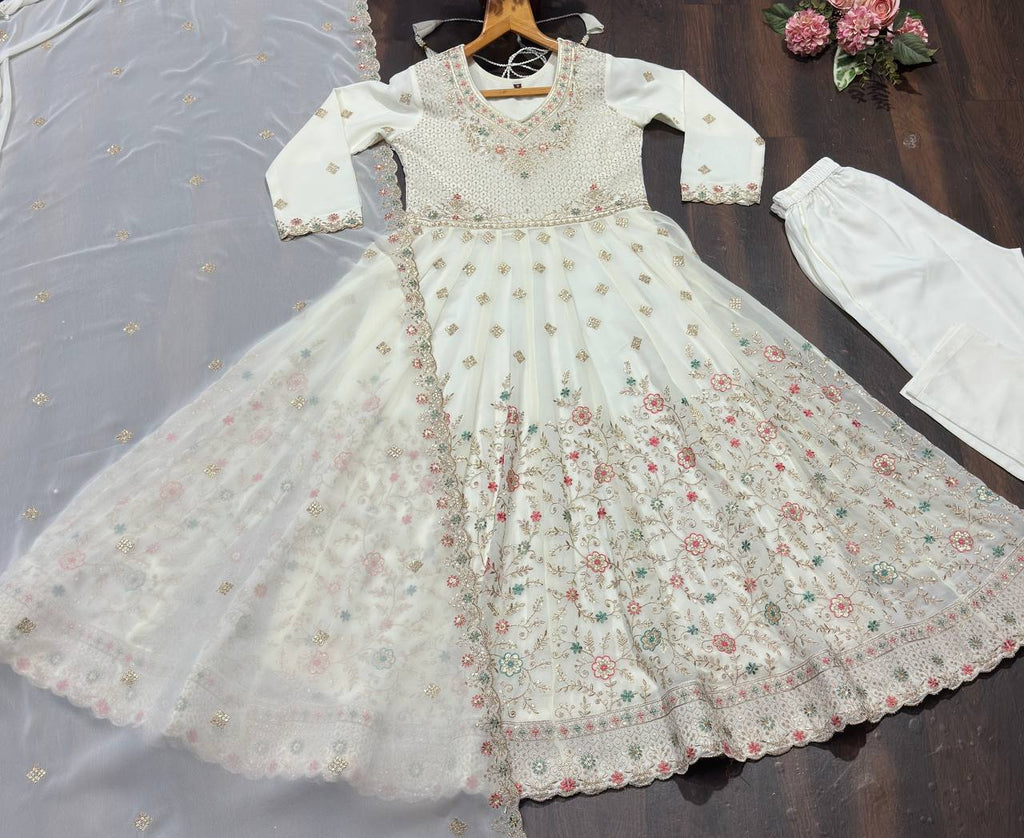 Women's Off-White Faux Blooming Anarkali Suit with Heavy Sequins & Zari Embroidery