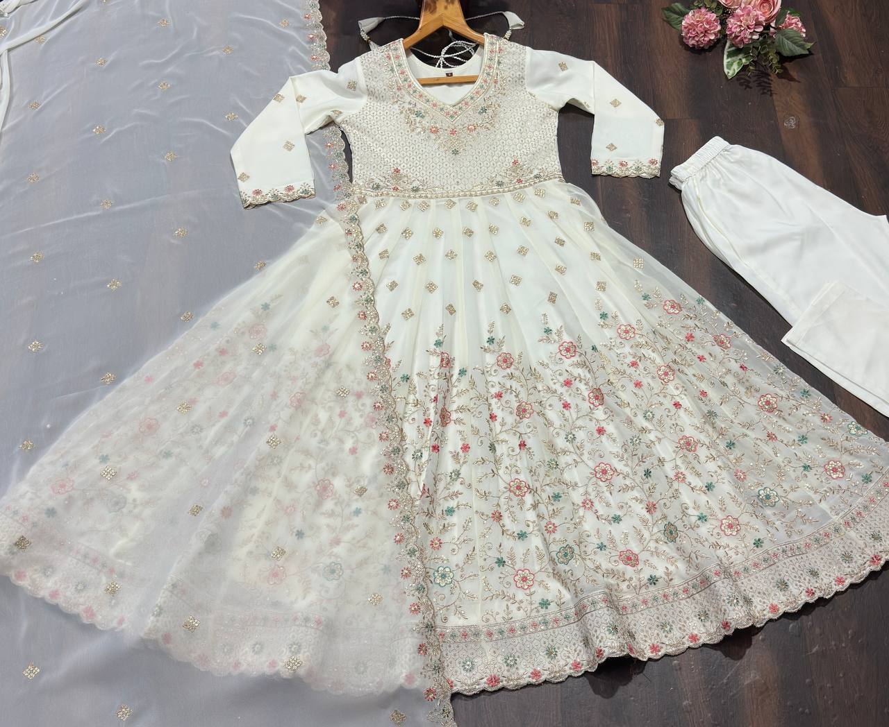 Women's Off-White Faux Blooming Anarkali Suit with Heavy Sequins & Zari Embroidery