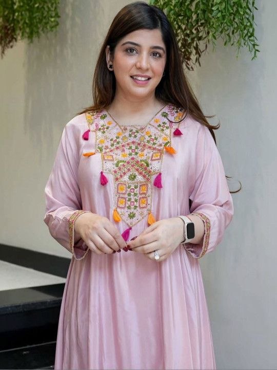 Elegant French Silk Kurta Palazzo Set in Pink
