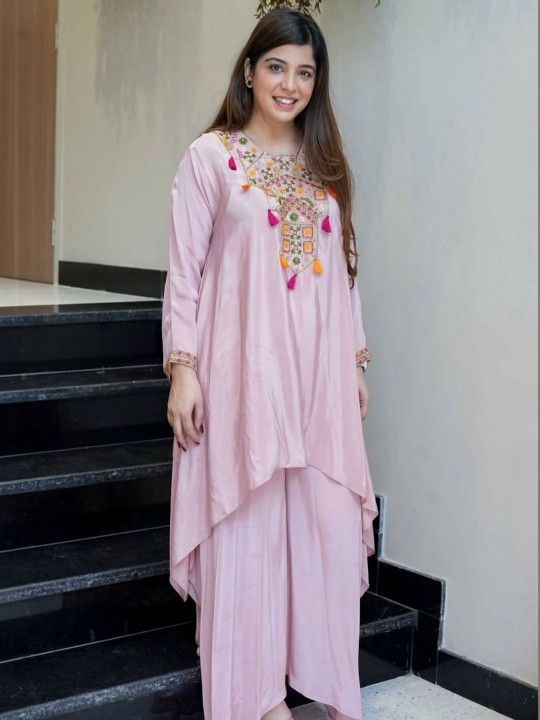 Elegant French Silk Kurta Palazzo Set in Pink