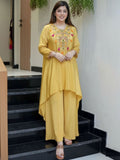 Mustard Yellow French Silk Embroidered Kurta Palazzo Set