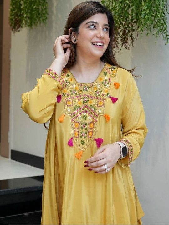 Mustard Yellow French Silk Embroidered Kurta Palazzo Set