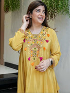 Mustard Yellow French Silk Embroidered Kurta Palazzo Set