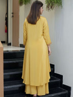 Mustard Yellow French Silk Embroidered Kurta Palazzo Set