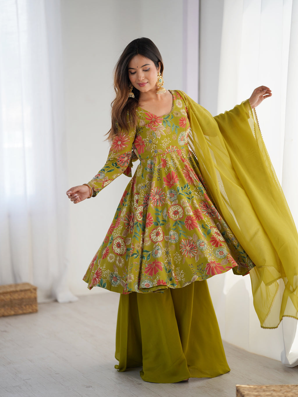 Beautiful Teal Green Floral Printed Roman Silk Chanderi Kurta Palazzo Set with Dupatta