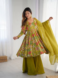 Beautiful Teal Green Floral Printed Roman Silk Chanderi Kurta Palazzo Set with Dupatta
