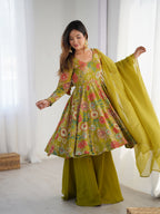 Beautiful Teal Green Floral Printed Roman Silk Chanderi Kurta Palazzo Set with Dupatta