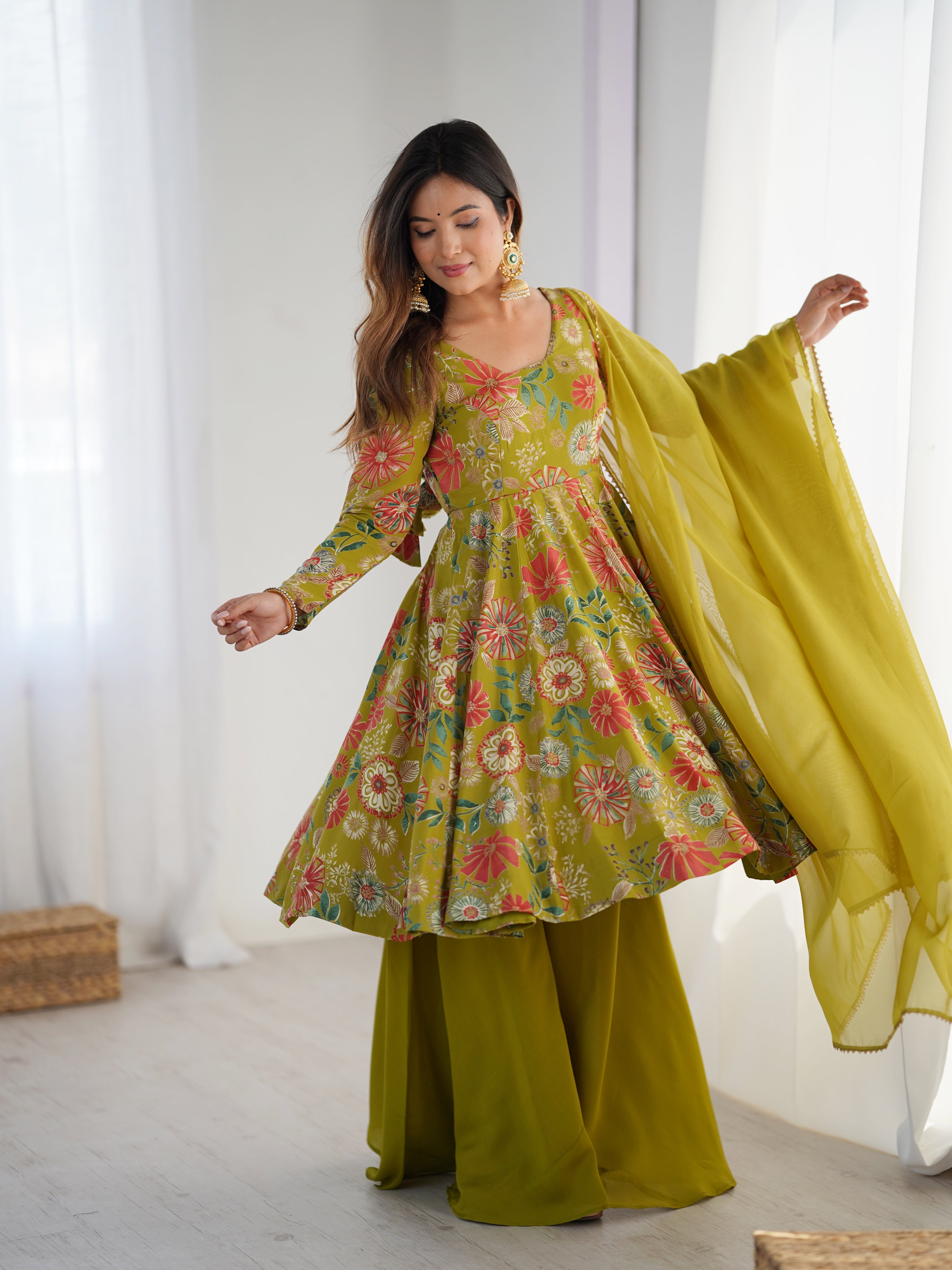 Beautiful Teal Green Floral Printed Roman Silk Chanderi Kurta Palazzo Set with Dupatta