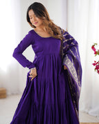 Women's Long Roman Silk Ethnic Suit Set with Elegant Woven Dupatta