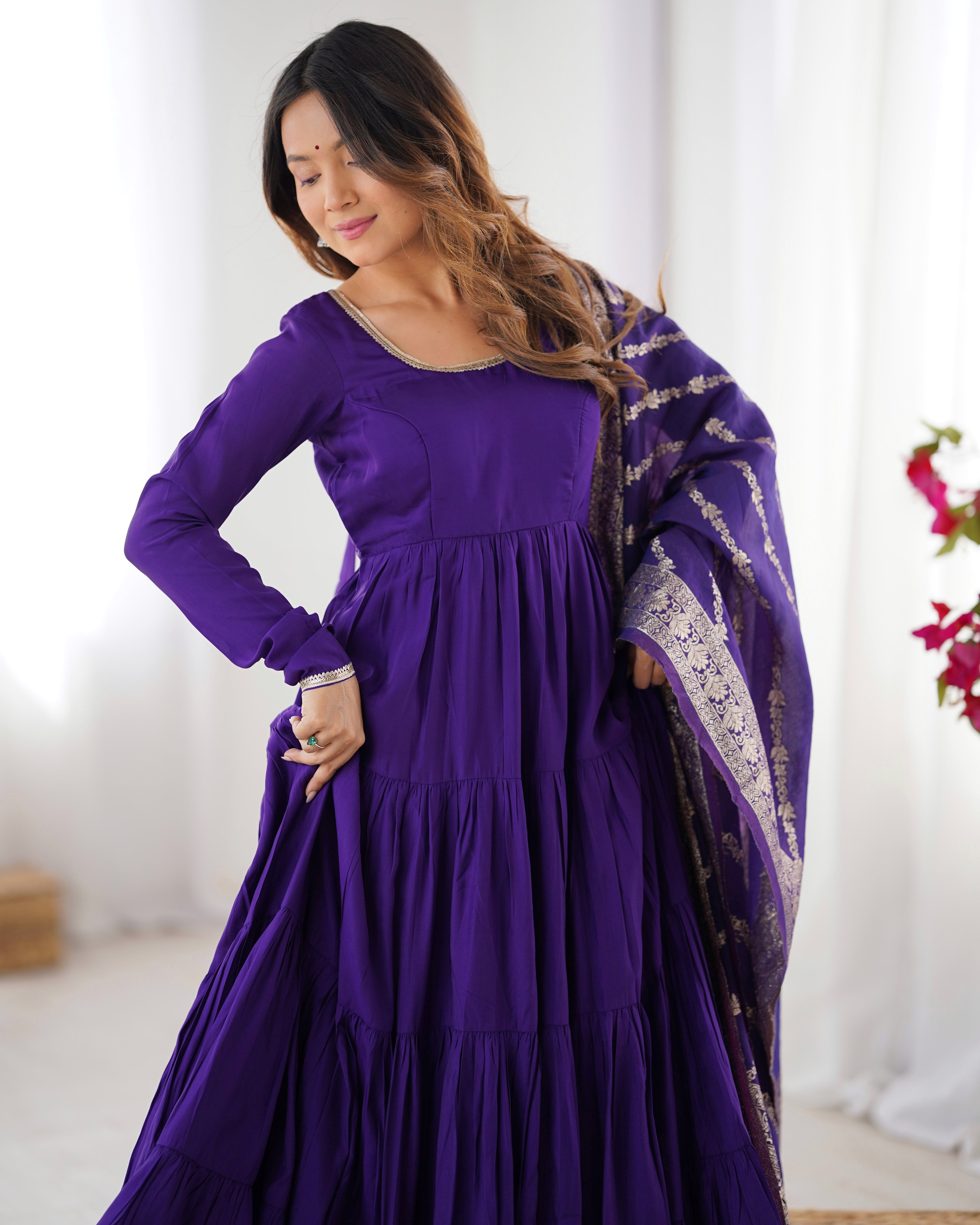 Women's Long Roman Silk Ethnic Suit Set with Elegant Woven Dupatta