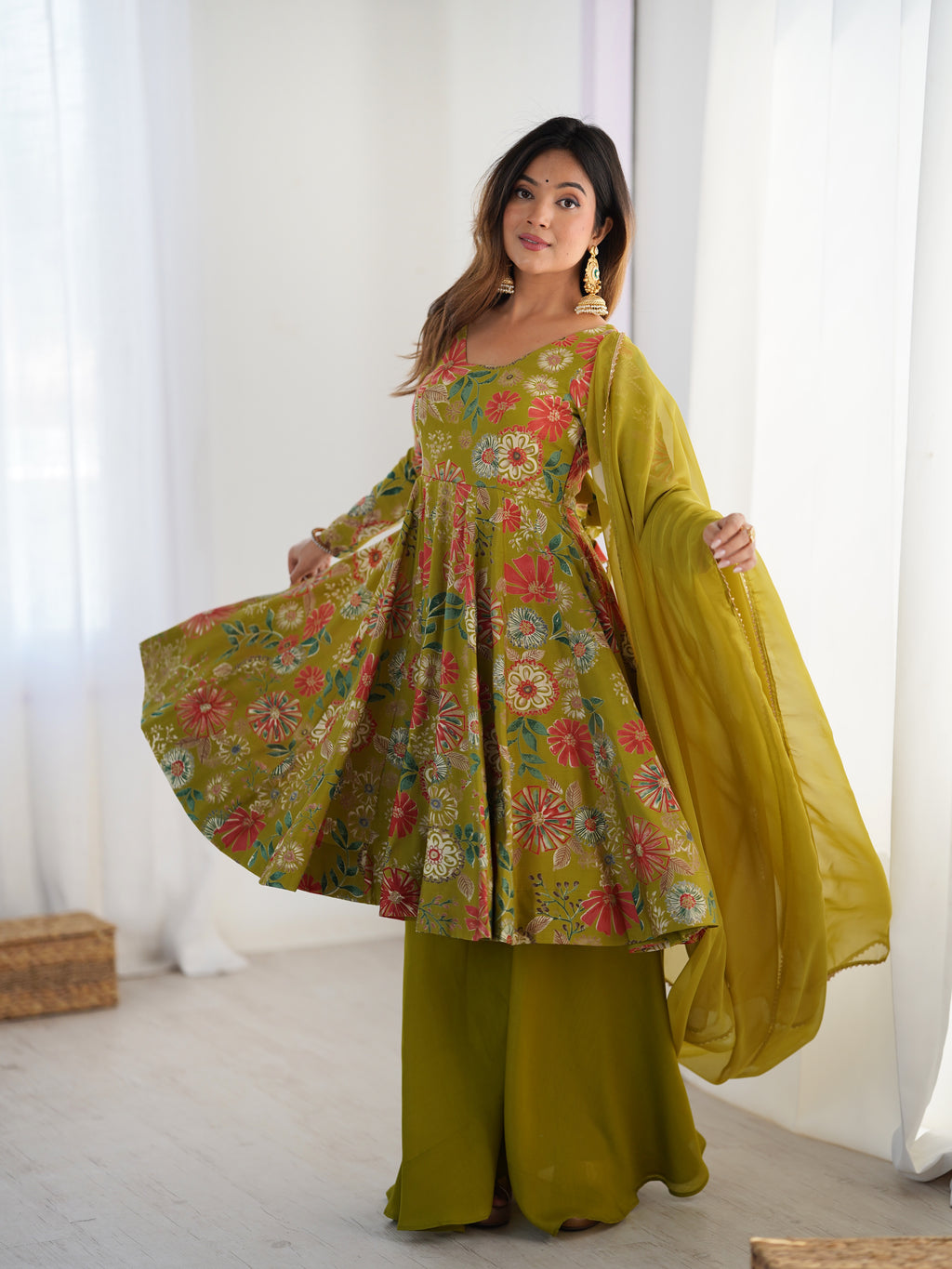Beautiful Teal Green Floral Printed Roman Silk Chanderi Kurta Palazzo Set with Dupatta