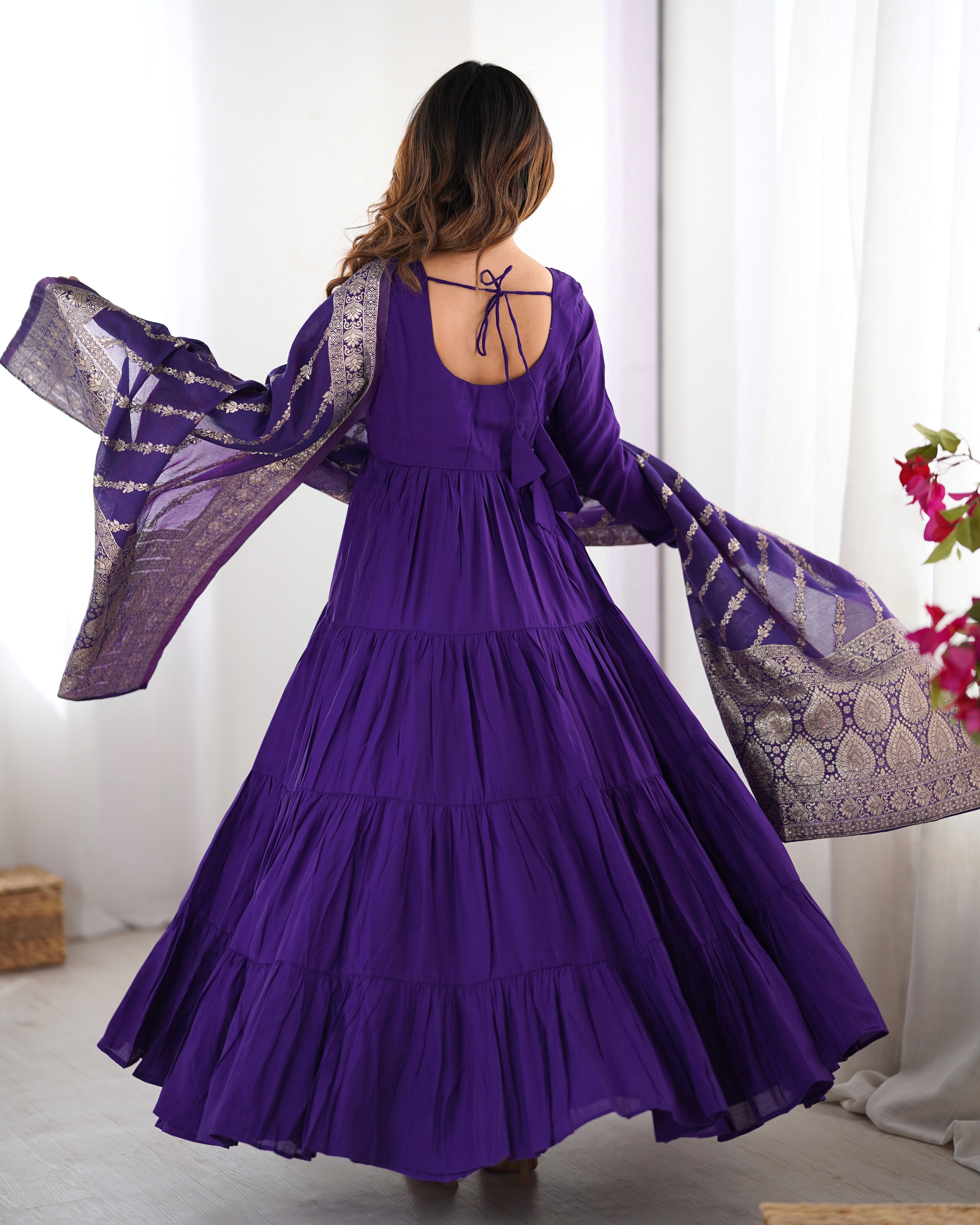 Women's Long Roman Silk Ethnic Suit Set with Elegant Woven Dupatta