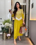 Mustard Cotton Yellow V-Neck Printed Kurta Pant Set for Women
