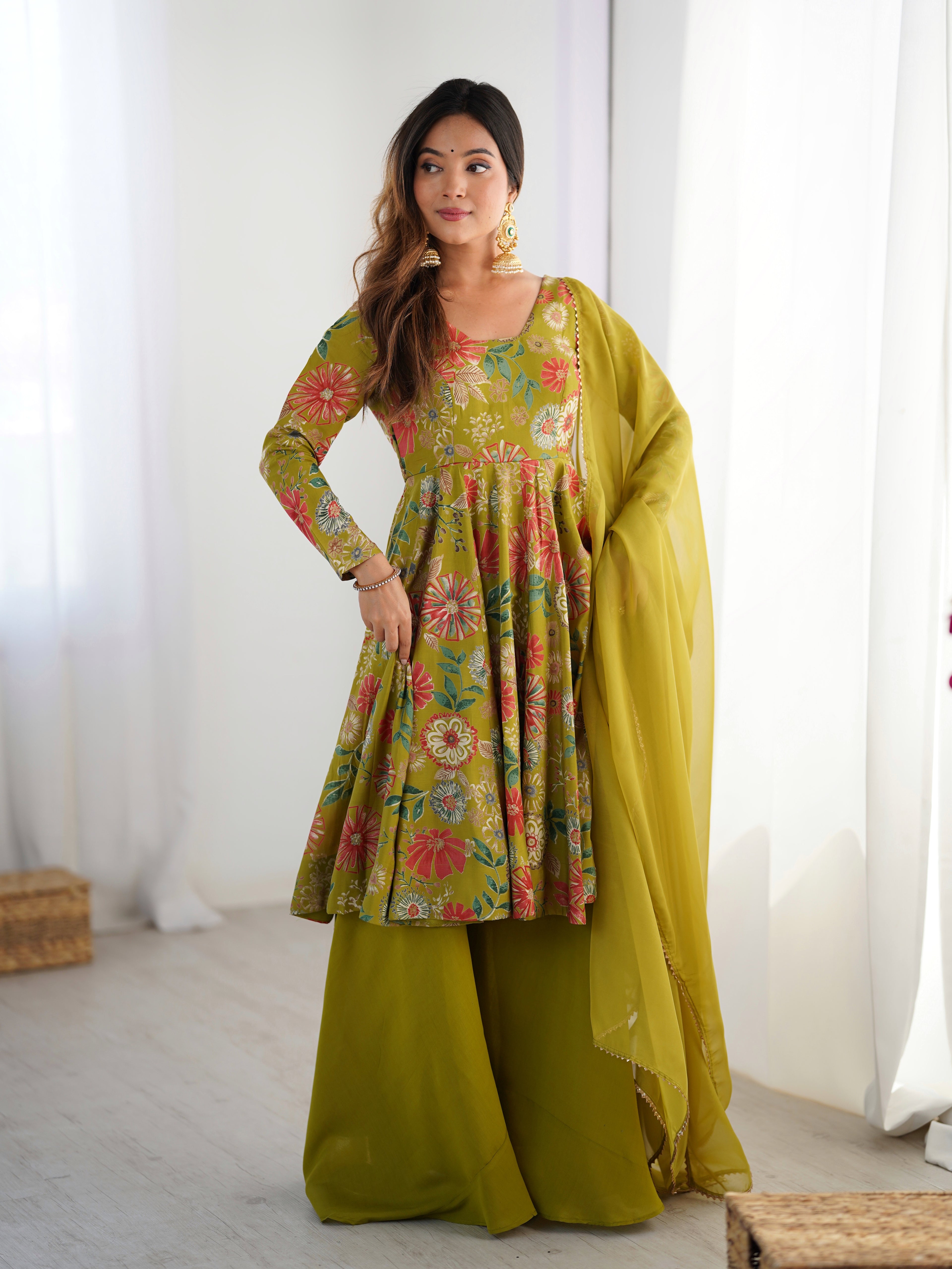 Beautiful Teal Green Floral Printed Roman Silk Chanderi Kurta Palazzo Set with Dupatta