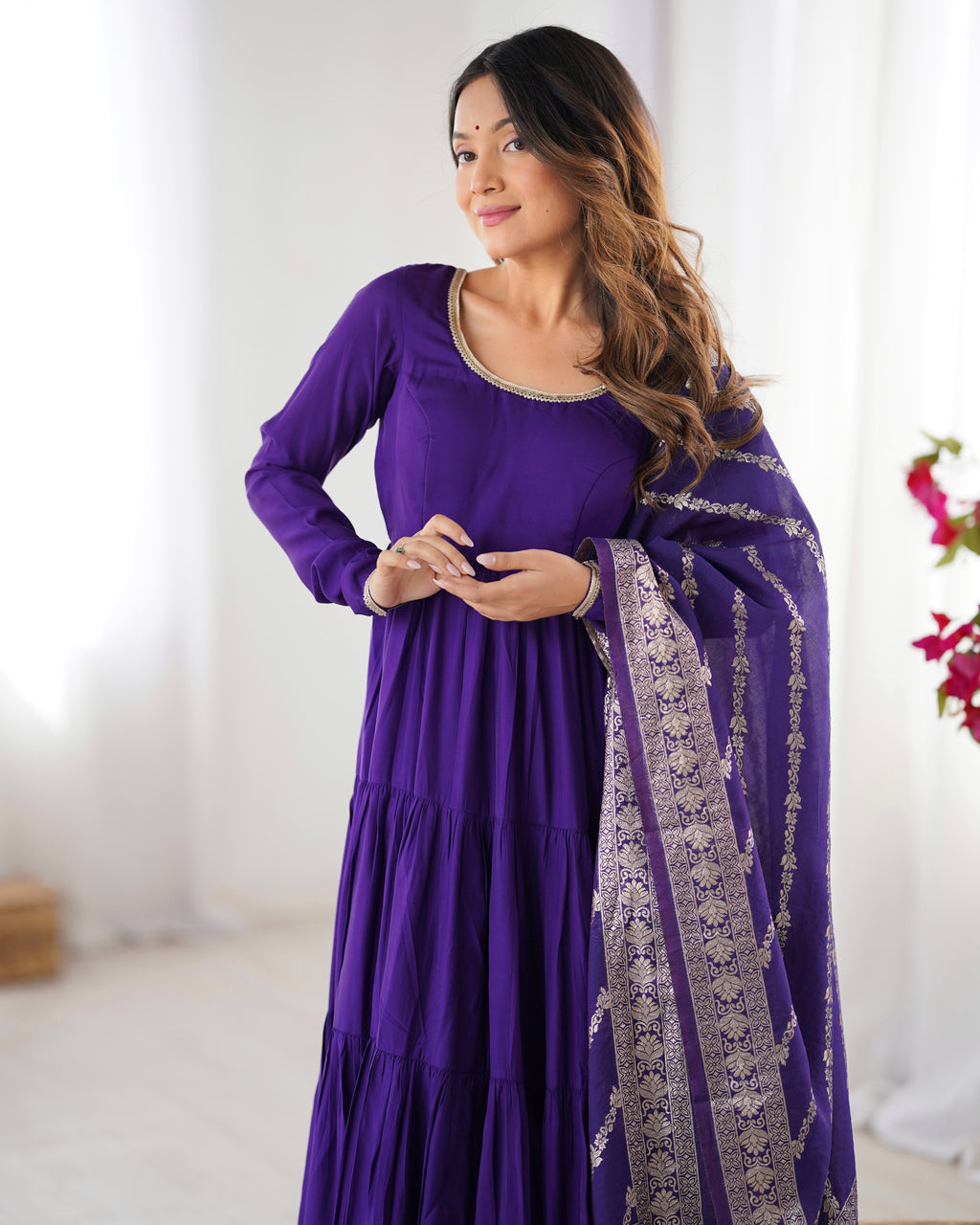 Women's Long Roman Silk Ethnic Suit Set with Elegant Woven Dupatta
