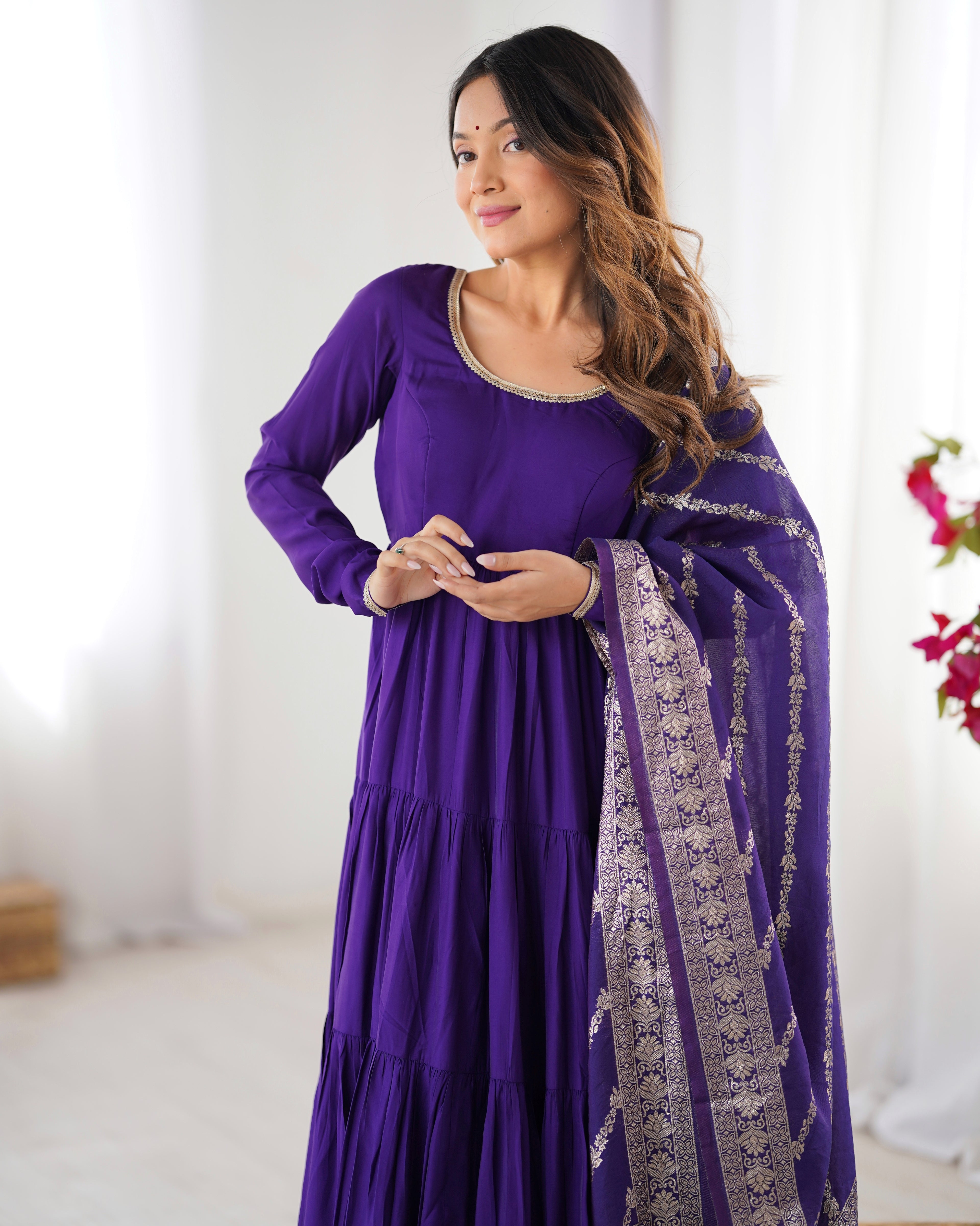 Women's Long Roman Silk Ethnic Suit Set with Elegant Woven Dupatta
