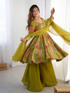 Beautiful Teal Green Floral Printed Roman Silk Chanderi Kurta Palazzo Set with Dupatta