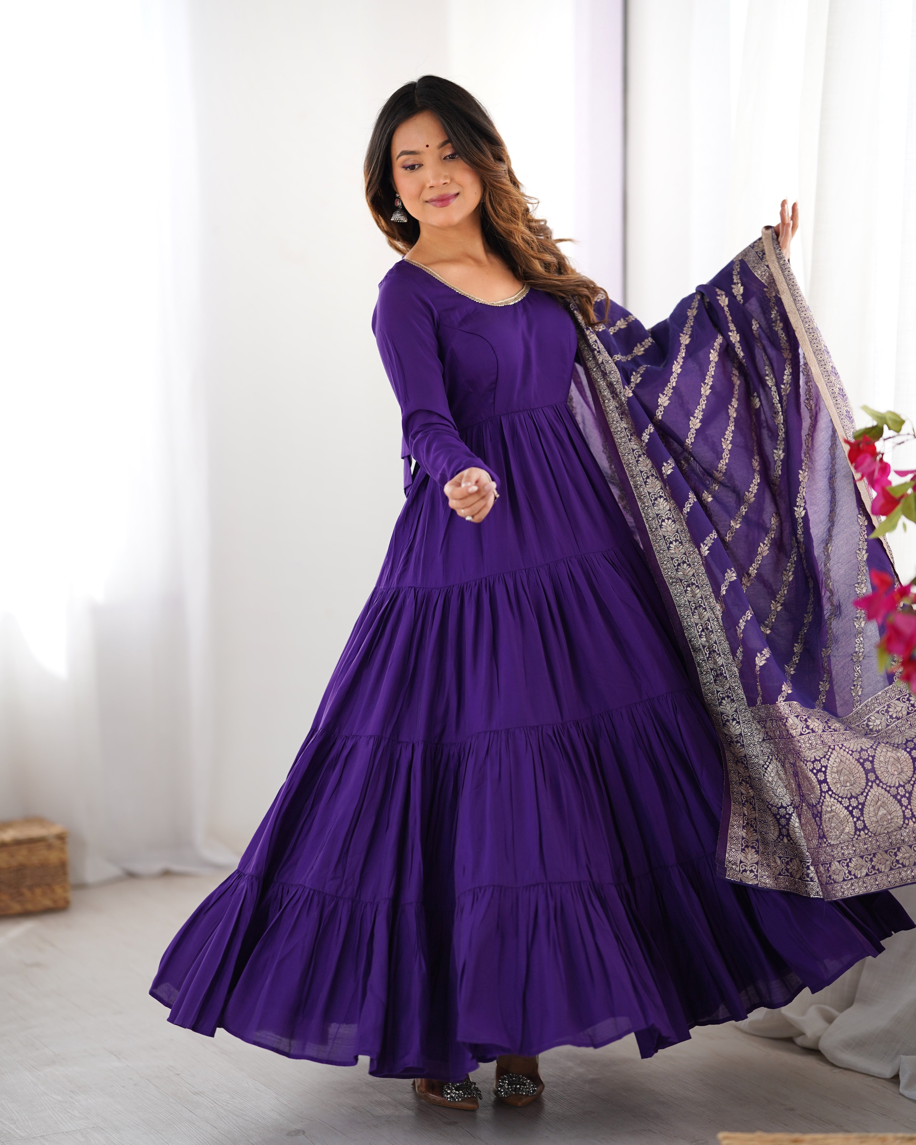 Women's Long Roman Silk Ethnic Suit Set with Elegant Woven Dupatta