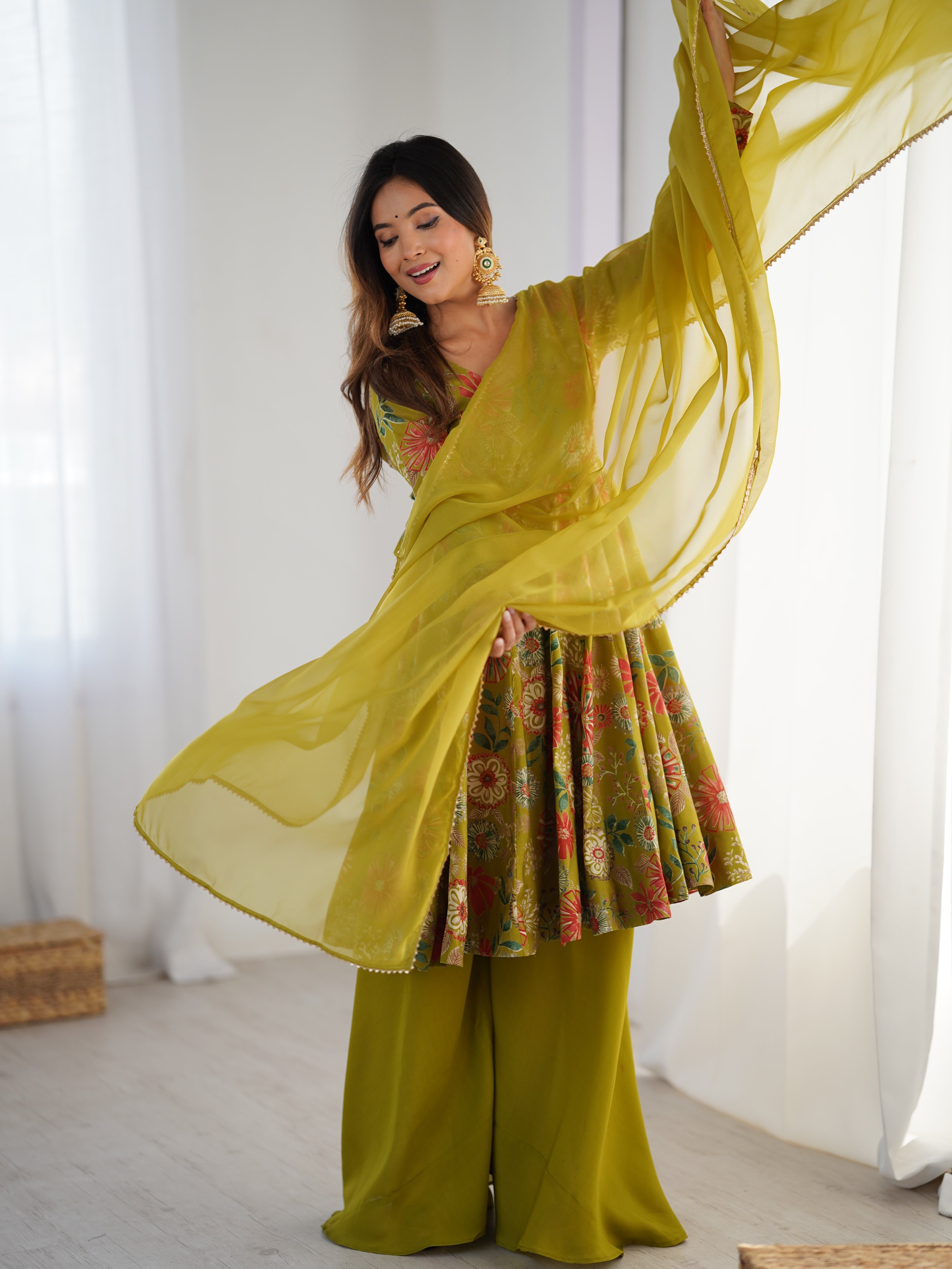Beautiful Teal Green Floral Printed Roman Silk Chanderi Kurta Palazzo Set with Dupatta