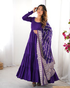 Women's Long Roman Silk Ethnic Suit Set with Elegant Woven Dupatta