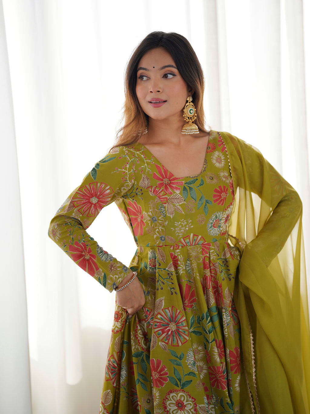 Beautiful Teal Green Floral Printed Roman Silk Chanderi Kurta Palazzo Set with Dupatta