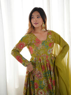 Beautiful Teal Green Floral Printed Roman Silk Chanderi Kurta Palazzo Set with Dupatta
