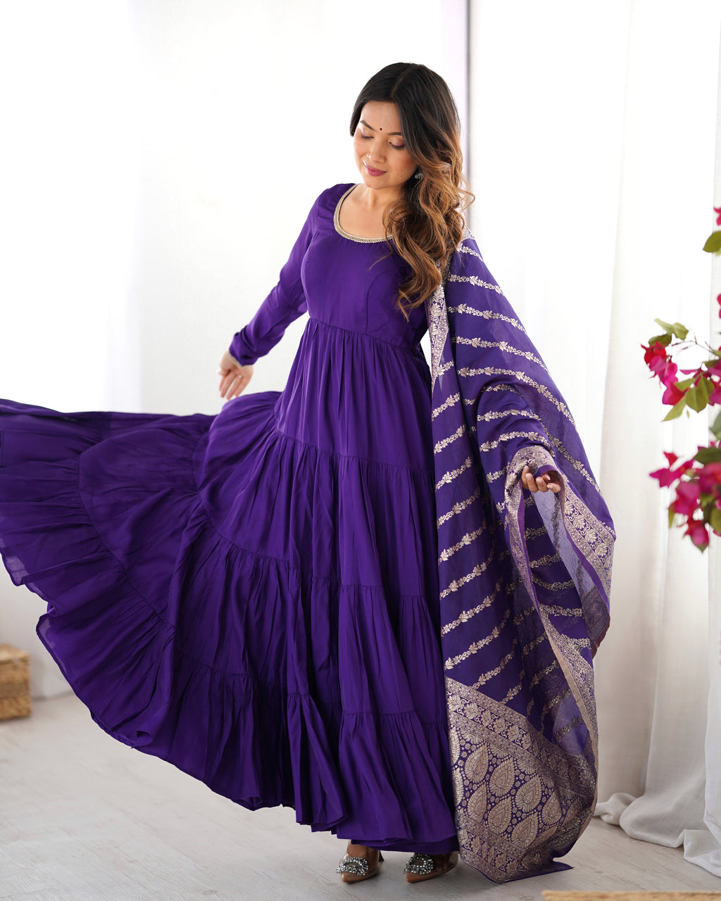 Women's Long Roman Silk Ethnic Suit Set with Elegant Woven Dupatta