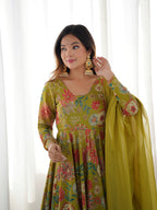 Beautiful Teal Green Floral Printed Roman Silk Chanderi Kurta Palazzo Set with Dupatta