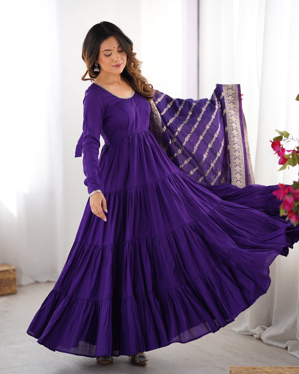 Women's Long Roman Silk Ethnic Suit Set with Elegant Woven Dupatta
