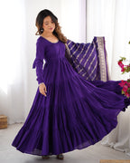 Women's Long Roman Silk Ethnic Suit Set with Elegant Woven Dupatta