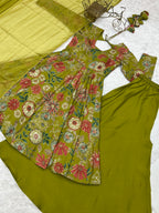 Beautiful Teal Green Floral Printed Roman Silk Chanderi Kurta Palazzo Set with Dupatta