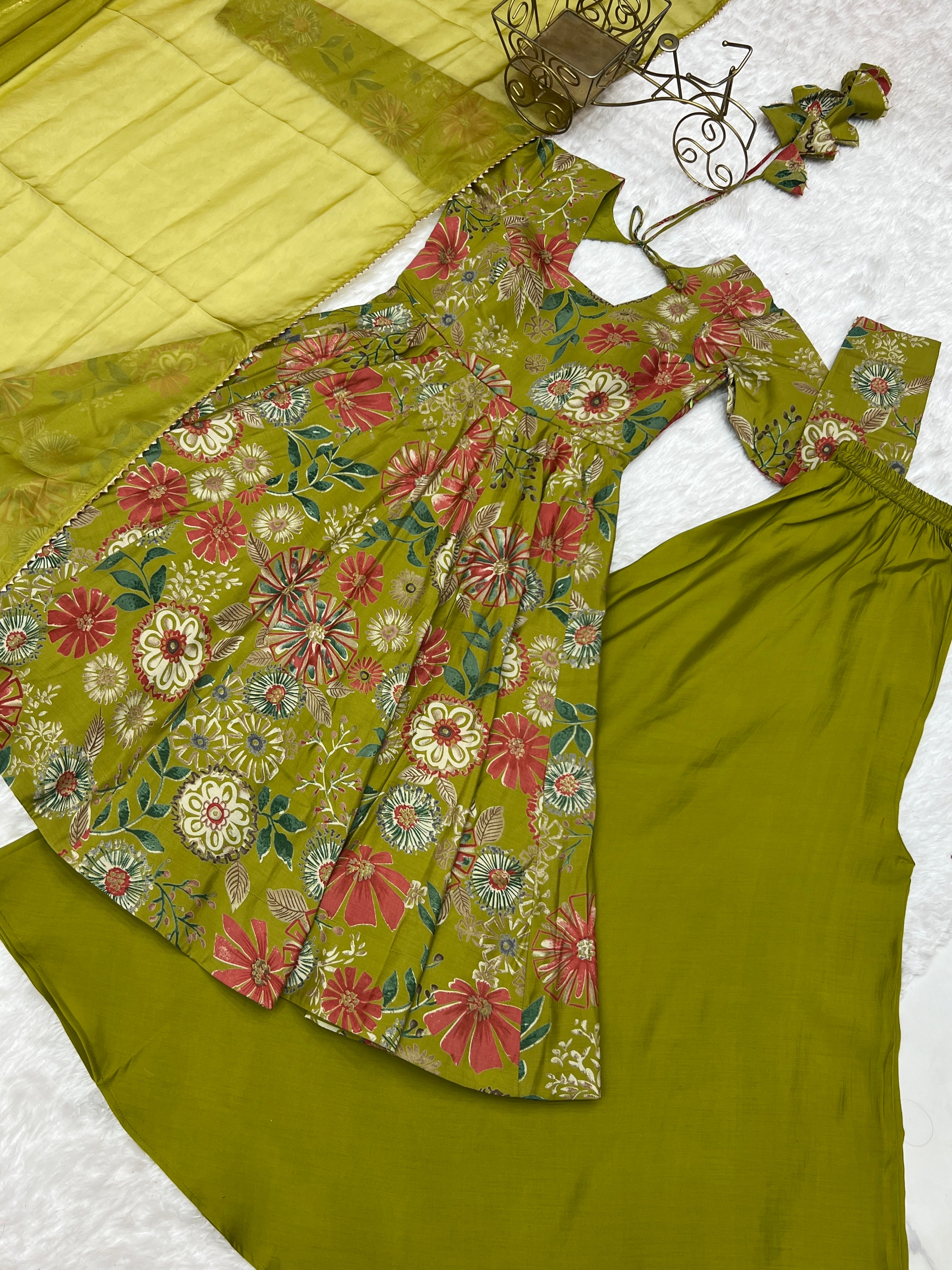 Beautiful Teal Green Floral Printed Roman Silk Chanderi Kurta Palazzo Set with Dupatta