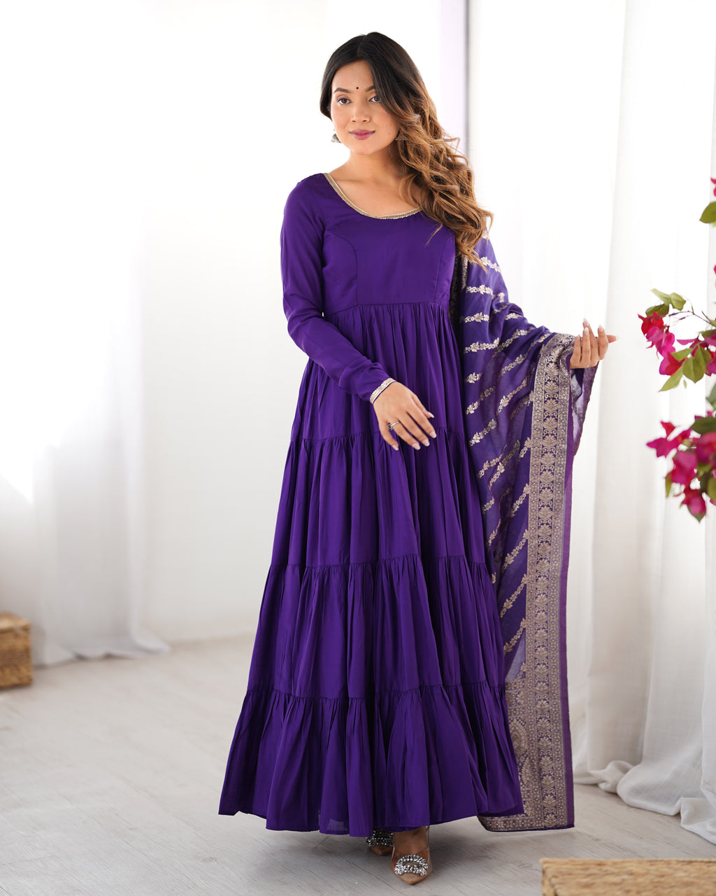 Women's Long Roman Silk Ethnic Suit Set with Elegant Woven Dupatta