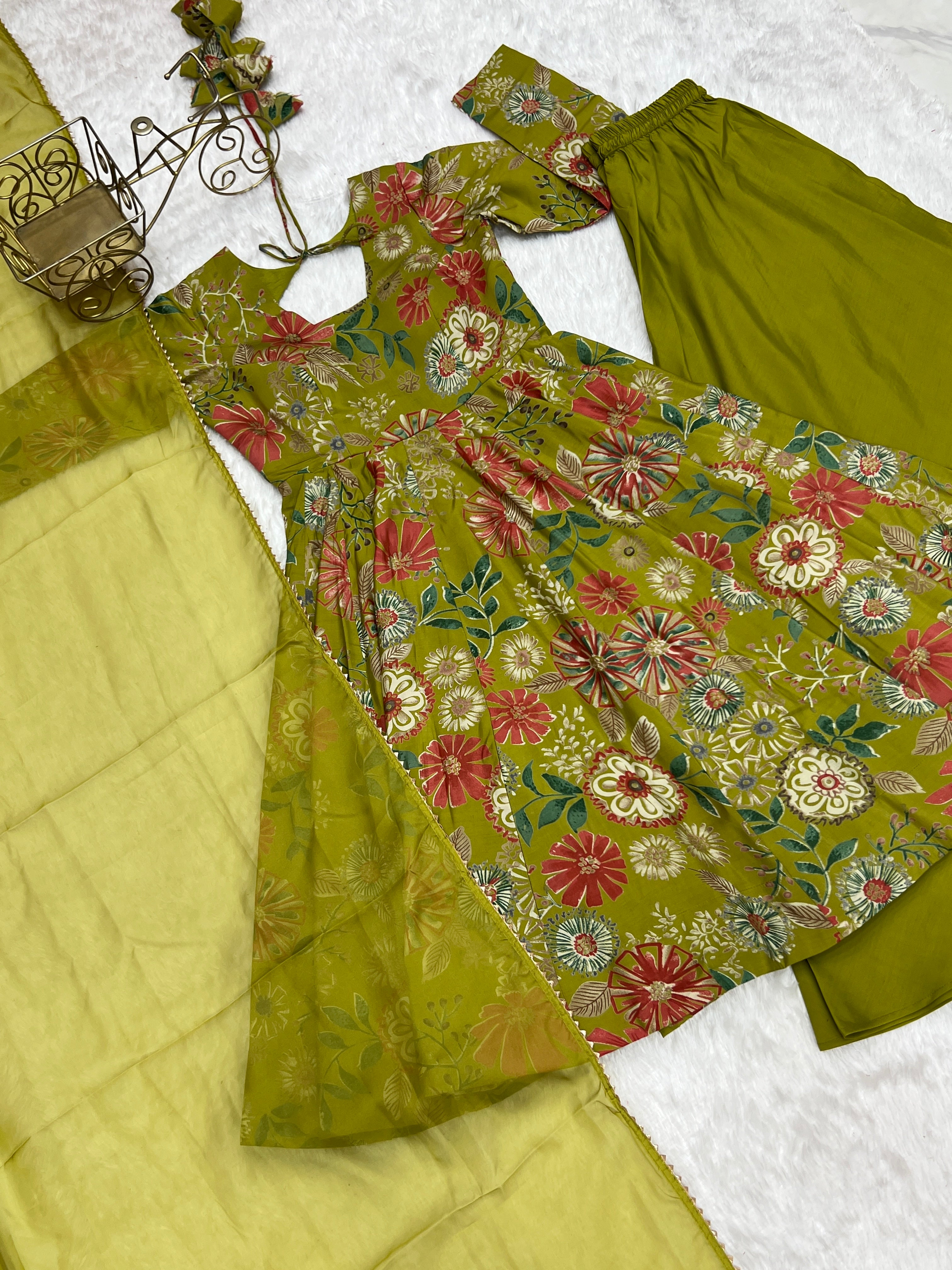 Beautiful Teal Green Floral Printed Roman Silk Chanderi Kurta Palazzo Set with Dupatta