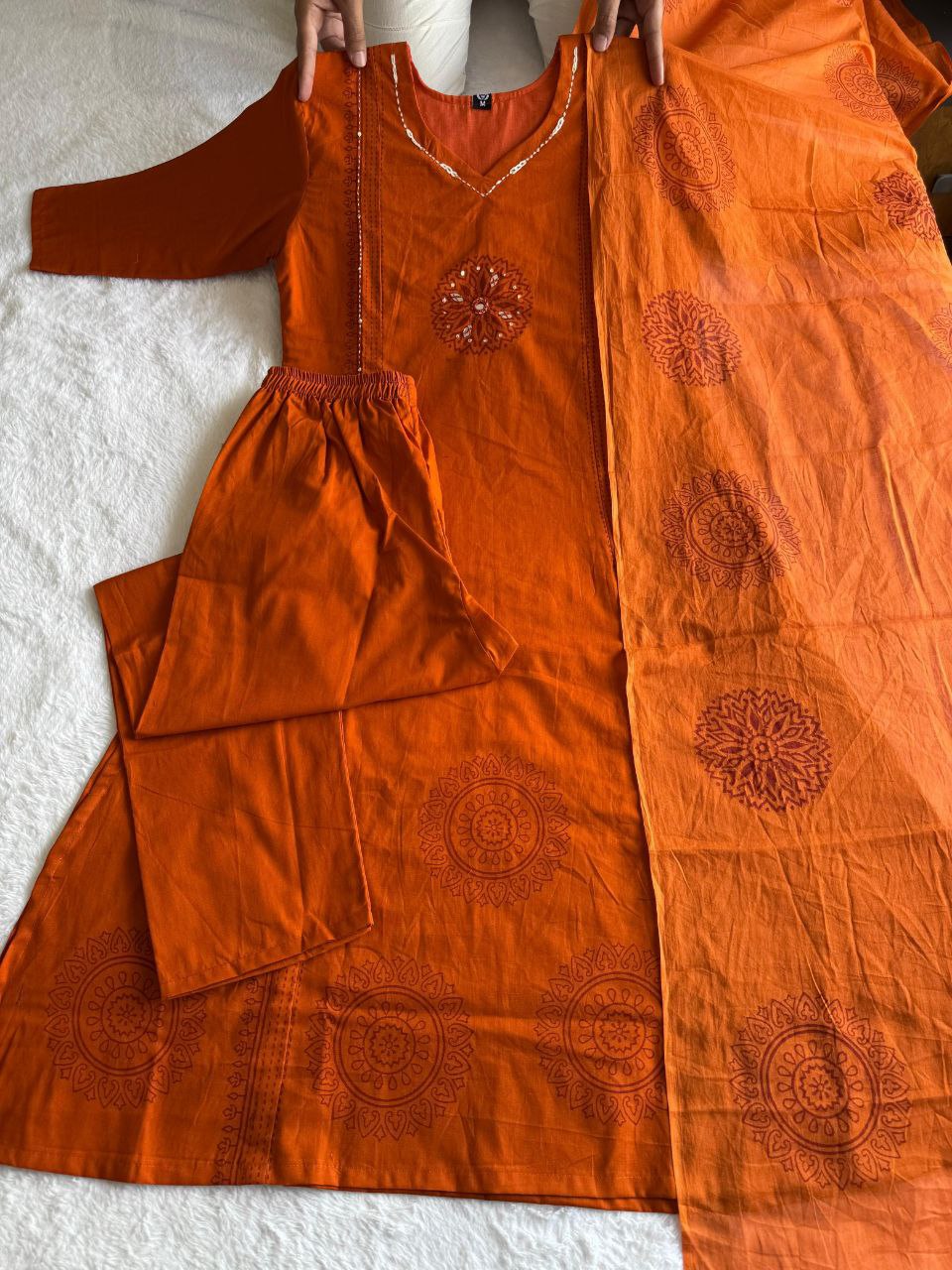 Premium Rust Orange Hand Block Print Pure Cotton Suit Set