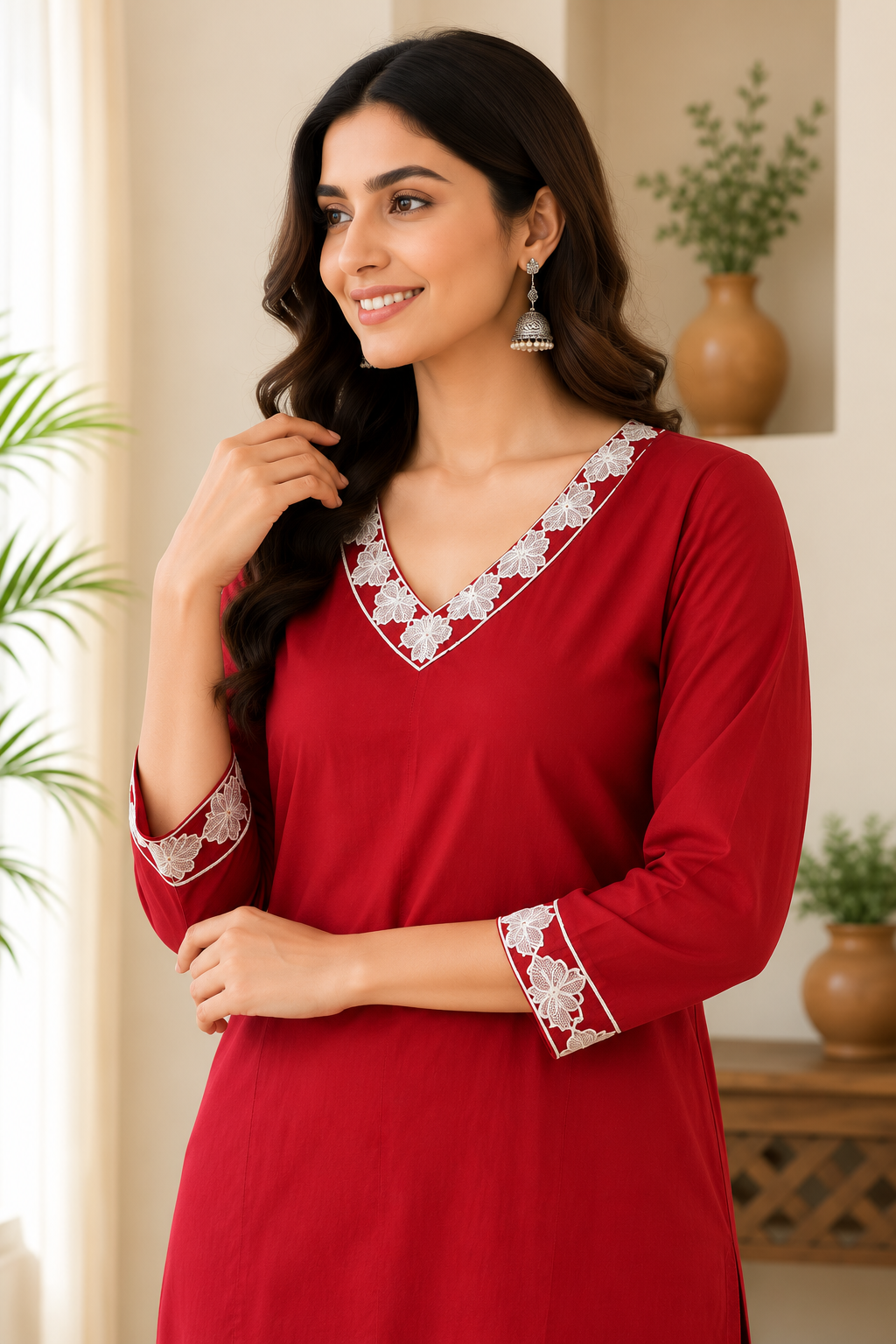 Very Beautiful Red Floral Embroidered Cotton Suit Set