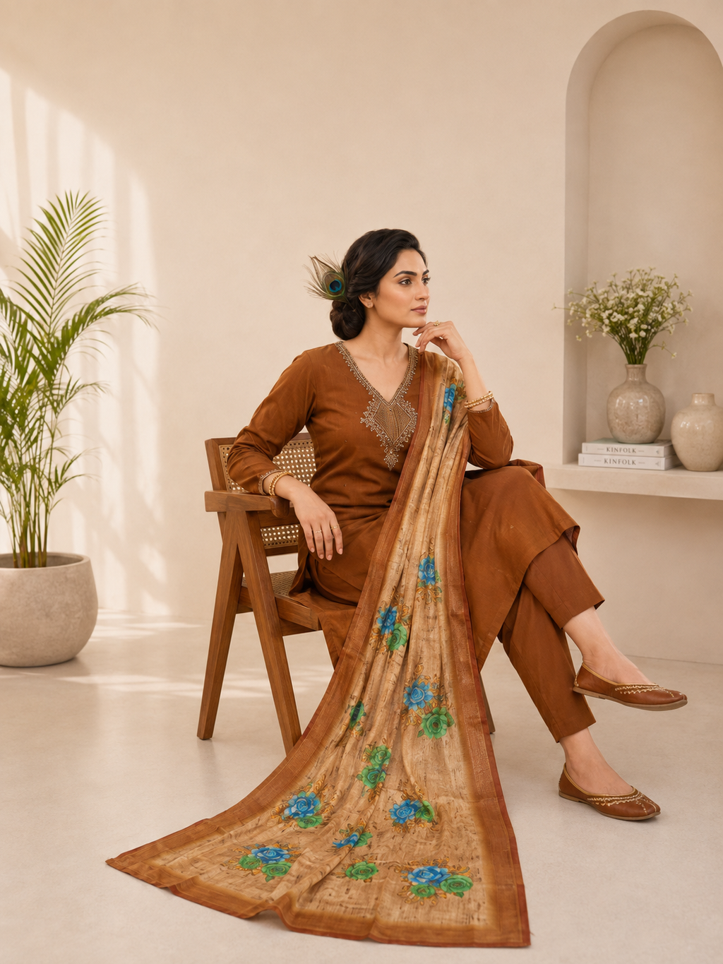 Very Attractive Brown Hand Embroidered Mul Chanderi Ethnic Suit Set