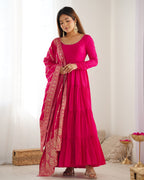Pink Roman Silk Anarkali Suit Set with Woven Banarasi Dupatta