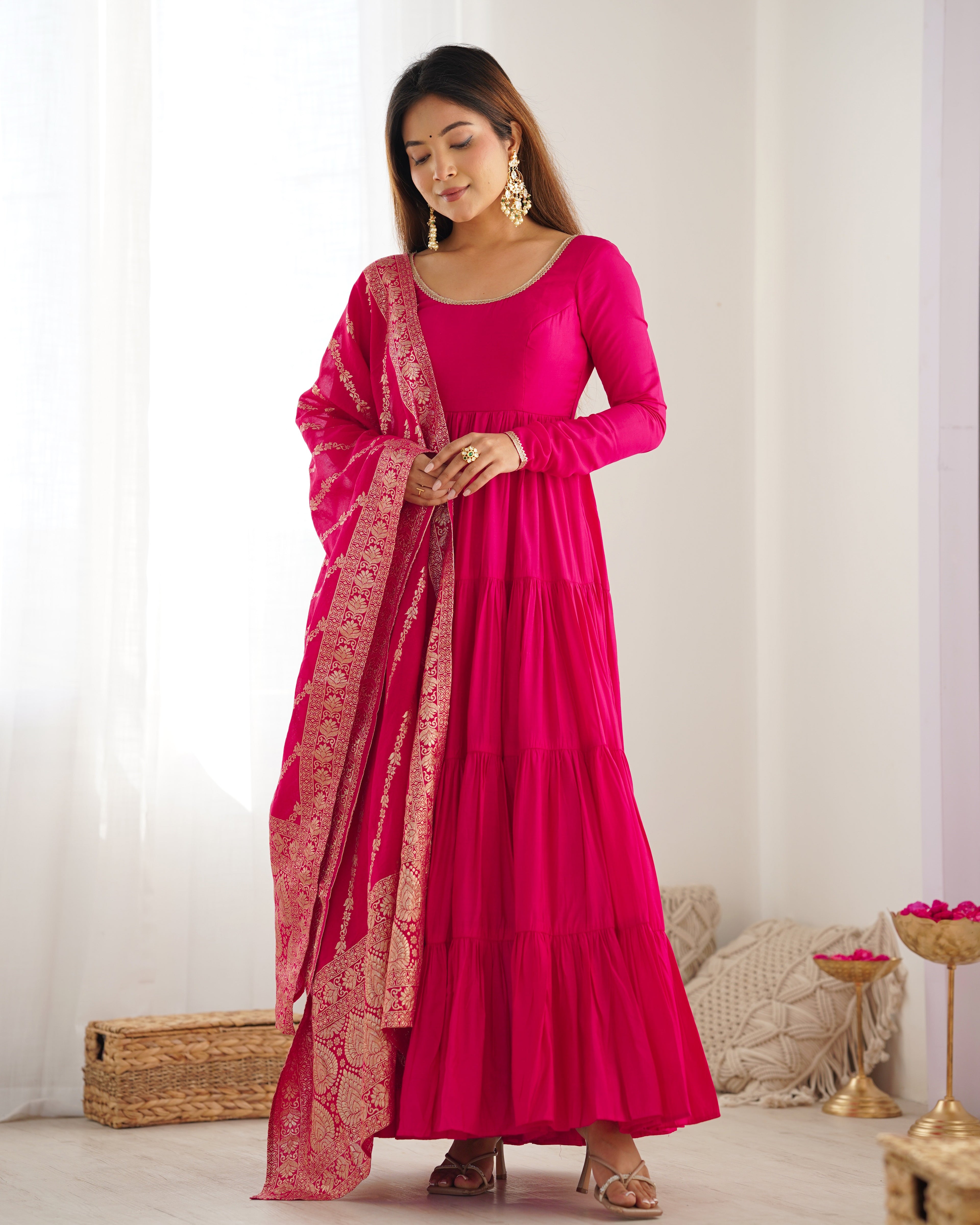Pink Roman Silk Anarkali Suit Set with Woven Banarasi Dupatta