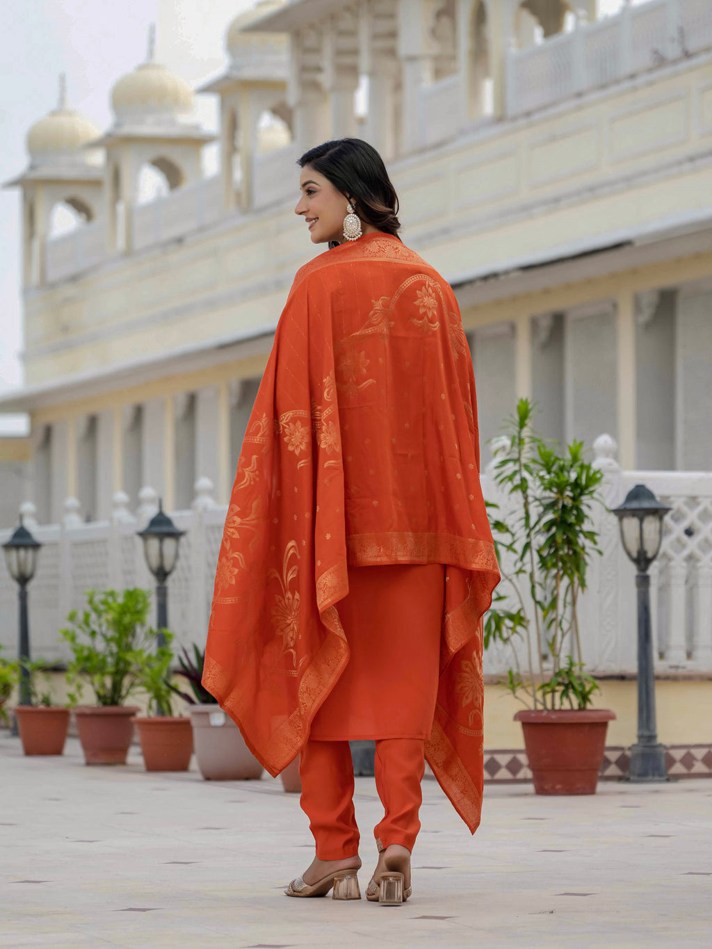 Women’s Orange Roman Silk Party Wear Suit Set