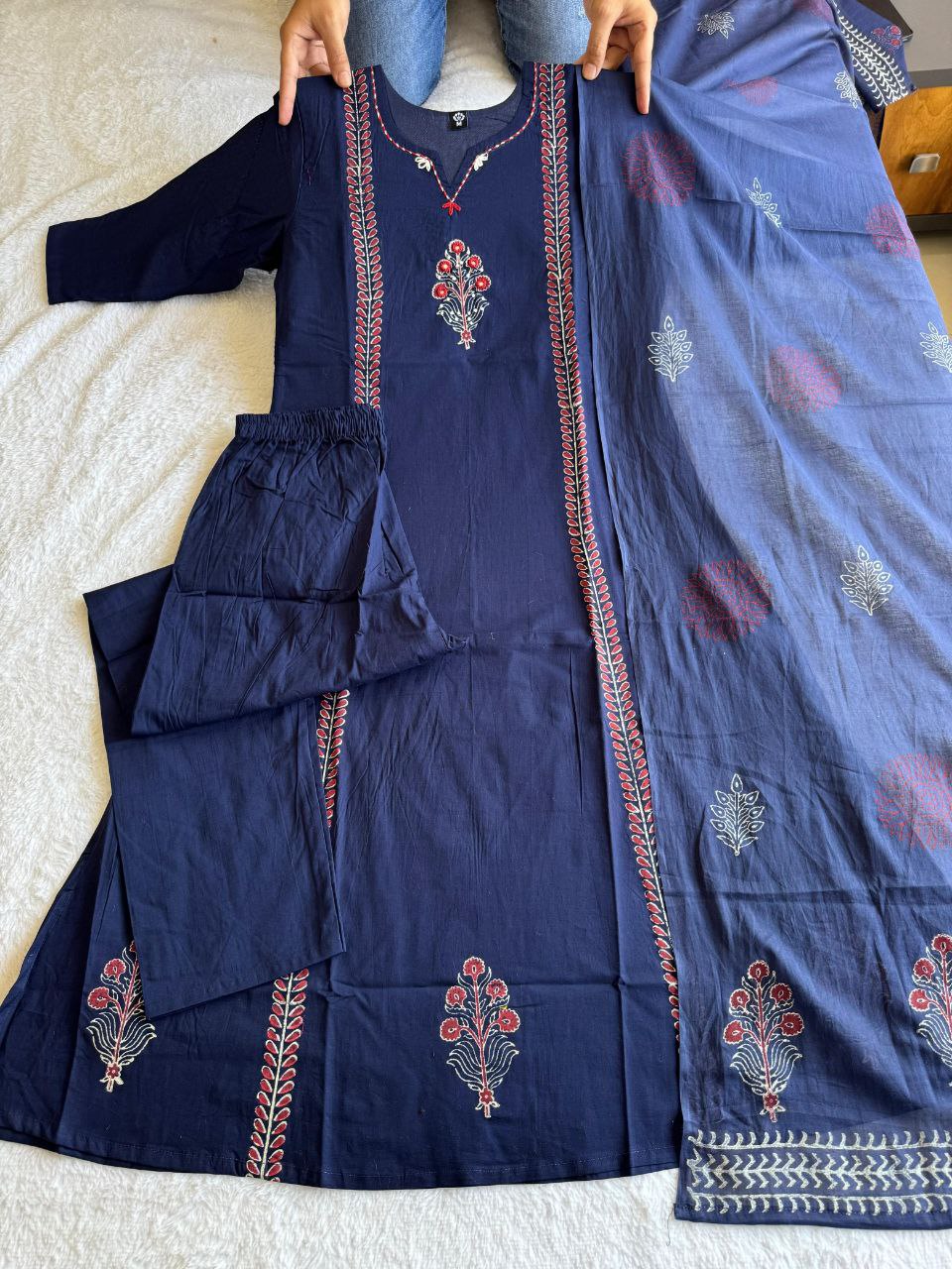 Very Attractive Blue Pure Cotton Hand Block Print Suit Set